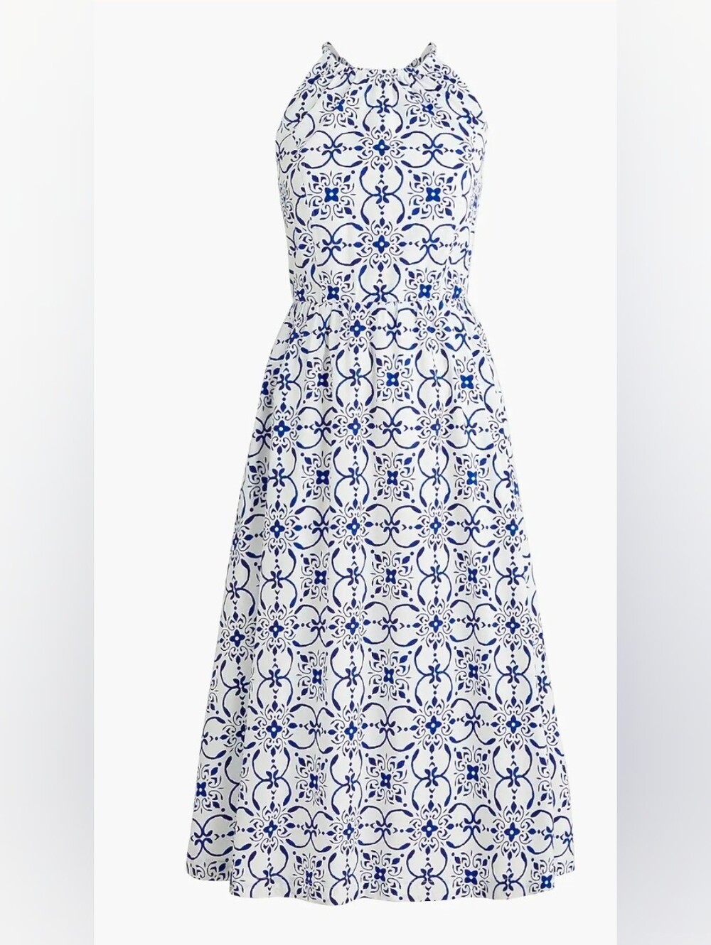 J. Crew White and Navy Tile-Print Halter Maxi Dress